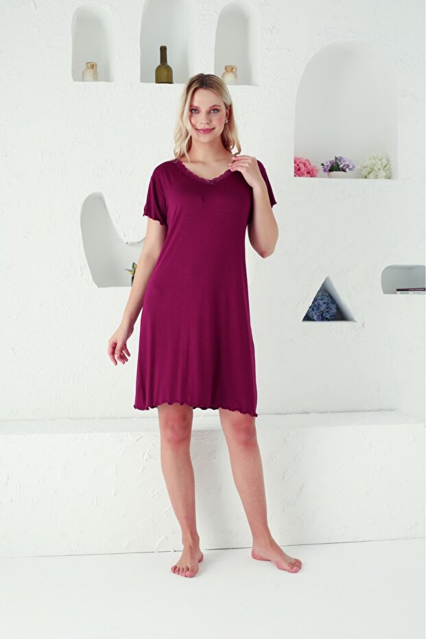 Women's Collar Lace Short Sleeve Plum Plus Size Combed Cotton Nightgown Dress