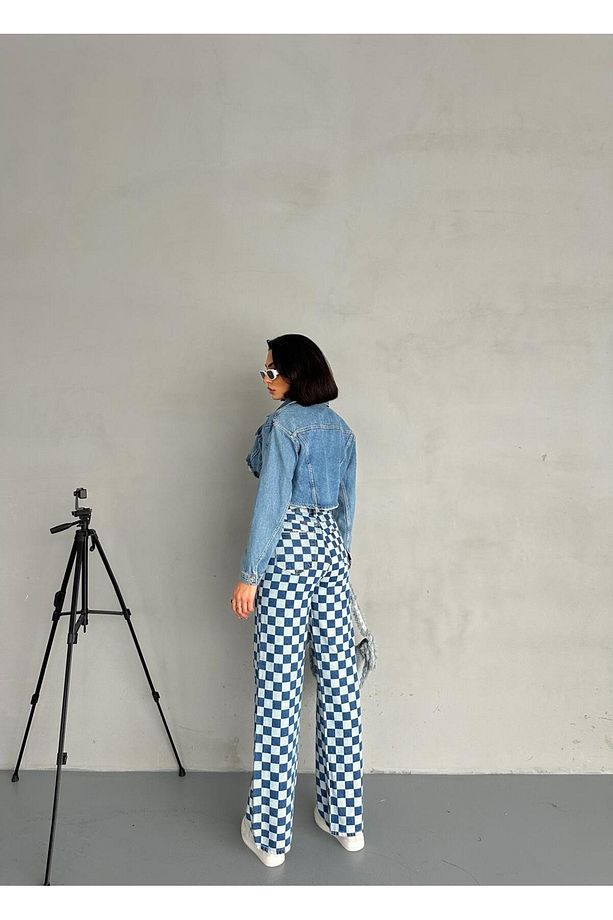 KARE DESENLİ WİDE-LEG PANTOLON - 6