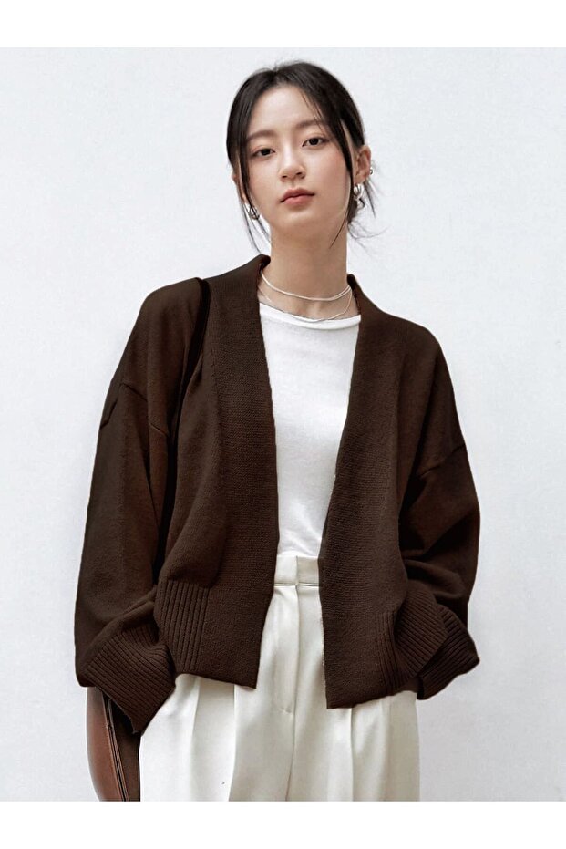 Women's Brown V-Neck String Tie Knitwear Cardigan