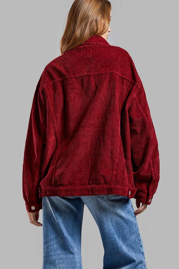 Kadın Bordo Renk Kalın Fitilli Kadife Kumaş Oversize Ceket - 5