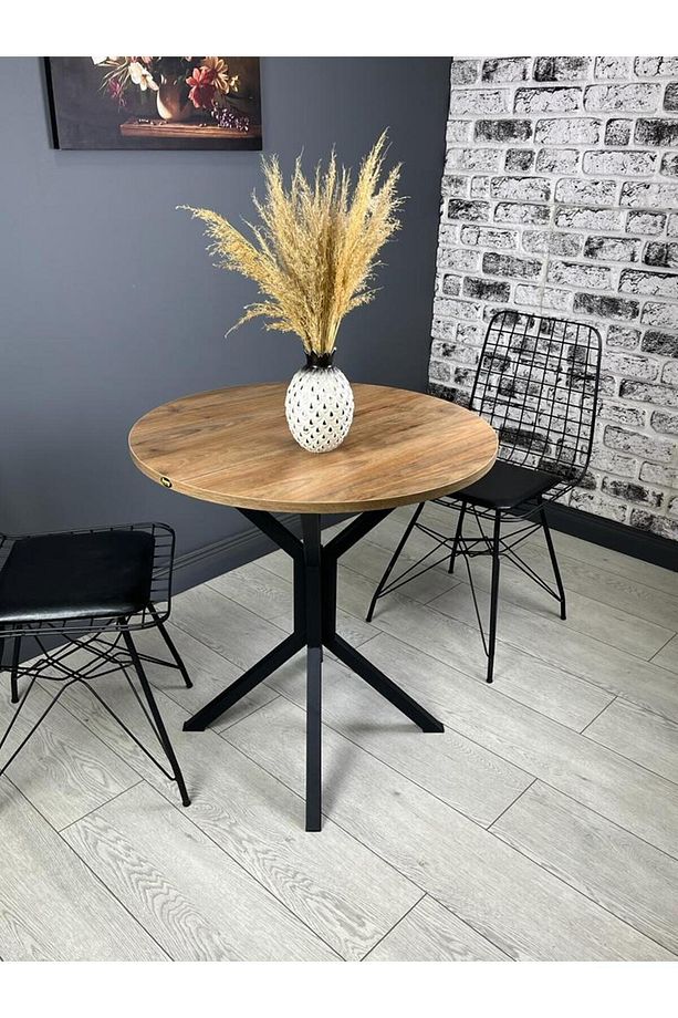 Nisa Ceviz Yuvarlak Mutfak Masası Yemek Masası Metal Siyah Ayak 70 Cm - 4