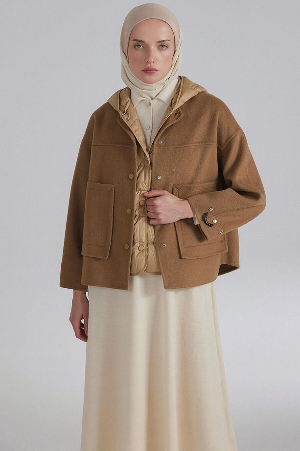 Kaz Tüyü Yelekli Yün Mont - Camel - 1