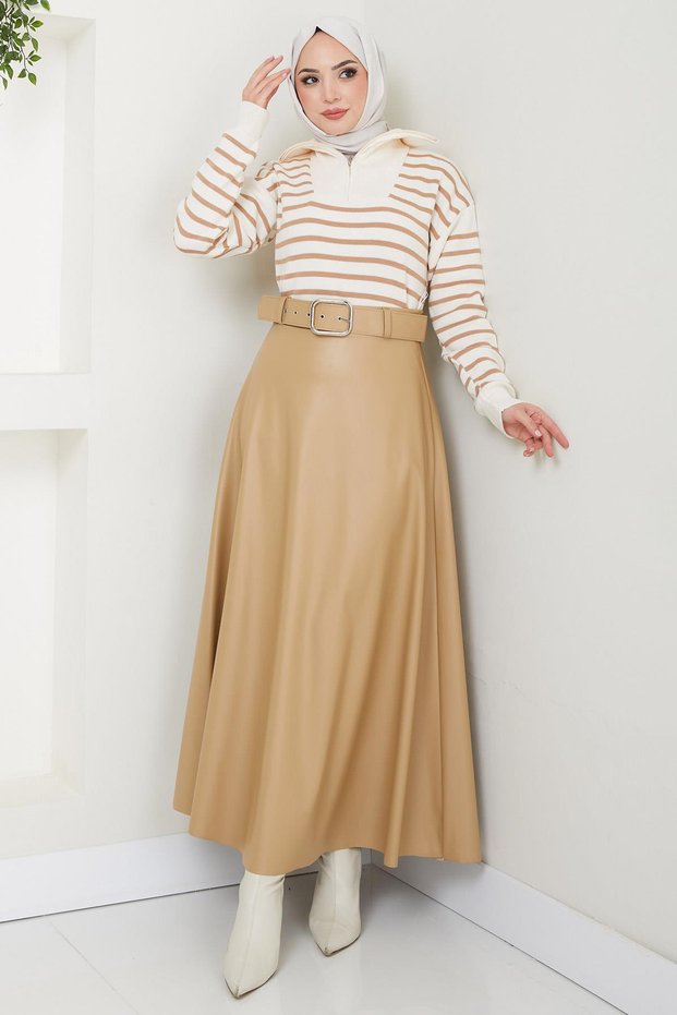 Beige Leather Belted Skirt - Hm2641