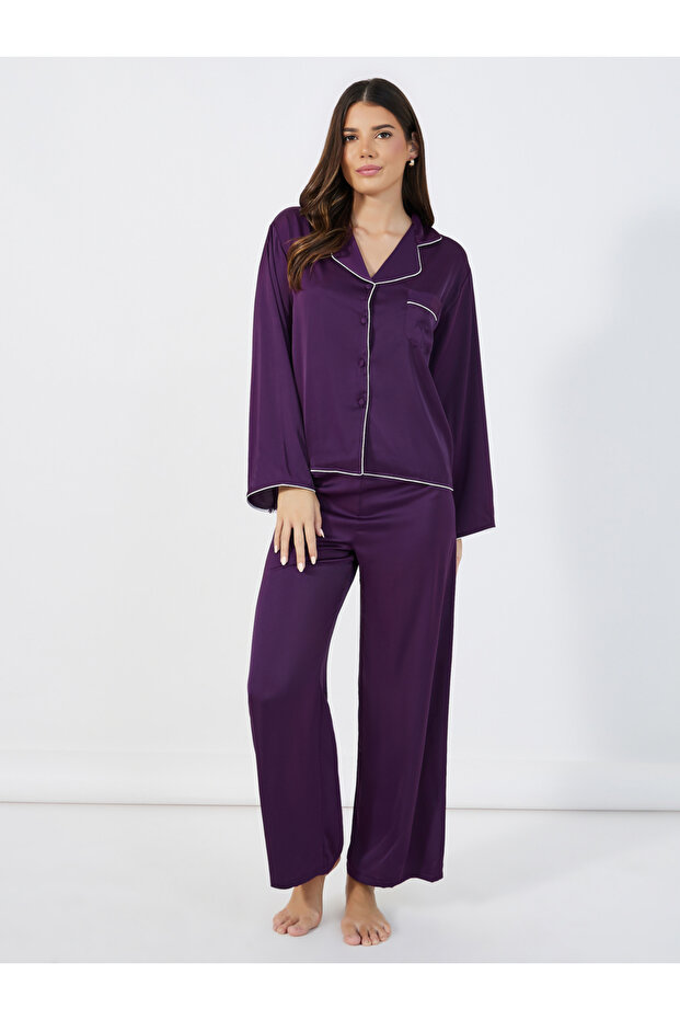Solid Piped Button Through Shirt & Pyjama Set - 2