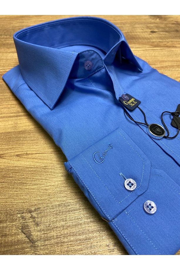 SlimFit Kolay Ütülenelebilir Koyu Mavi Poplin Uzun Yaka Gömlek - 6