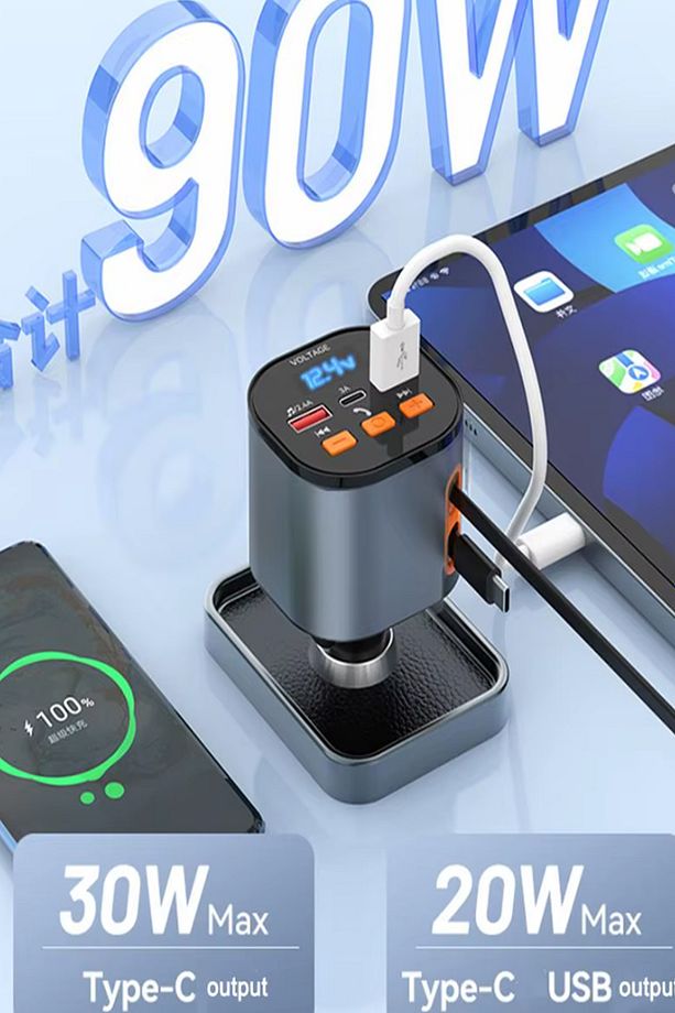 100w 6 In 1 geri çekilebilir araç şarj USB tip C kablo araba Bluetooth hızlı şarj adaptörü Uyumlu - 6