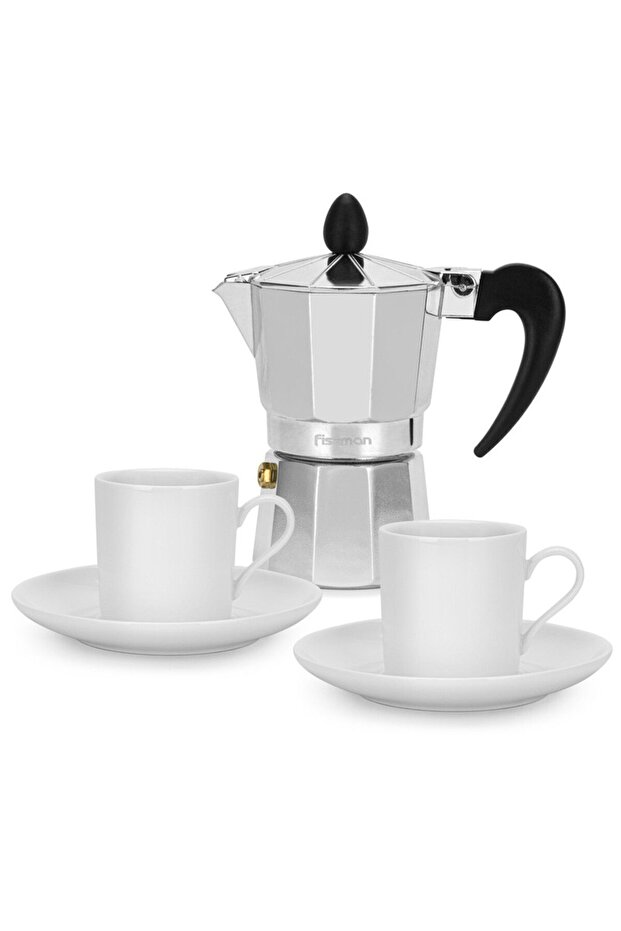 Coffee Maker 120ml Aluminium with 2-Piece Ceramic Cups With 2 Saucers Set