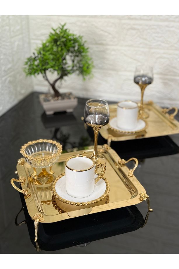 2 ADET Kahve & Çay & Sunum Tepsisi Gold Tepsi Gül Ayaklı ve Kulplu - 1