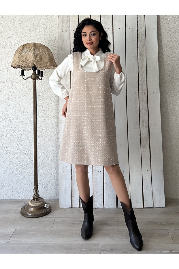 Short Beige Tweed Square Neck Gilet Dress