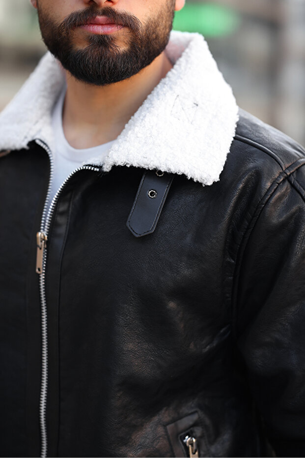 معطف جلدي مع فرو من الداخل - 3
