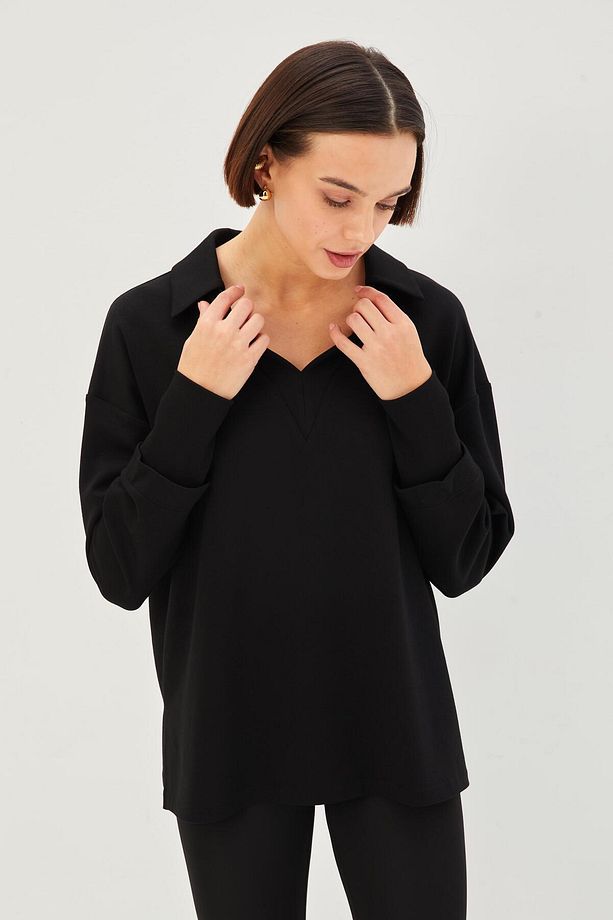 V Yaka Düşük Kol Regular Örme Sweatshirt - 1
