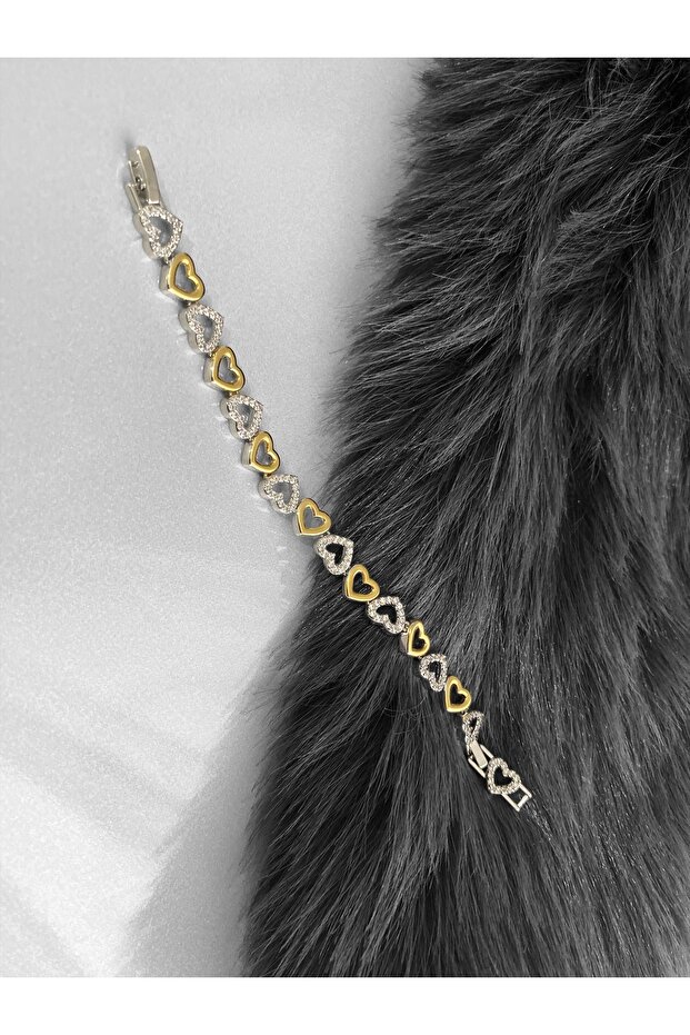 Silver Gold Detail Heart Steel Bracelet