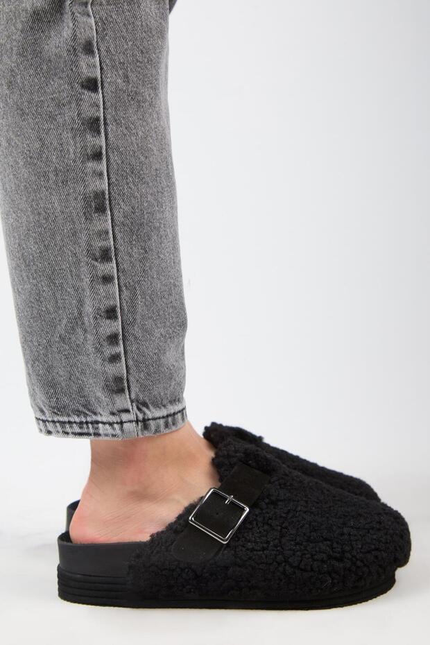 Juno Women's Genuine Leather Belted Tedy Platform Black Slippers
