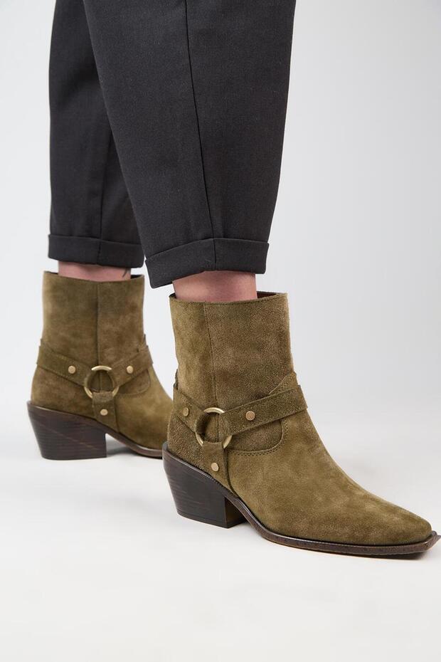 (Neus) Women's Genuine Leather Ring Belted Cowboy Special Tumbled Leather Khaki Boots