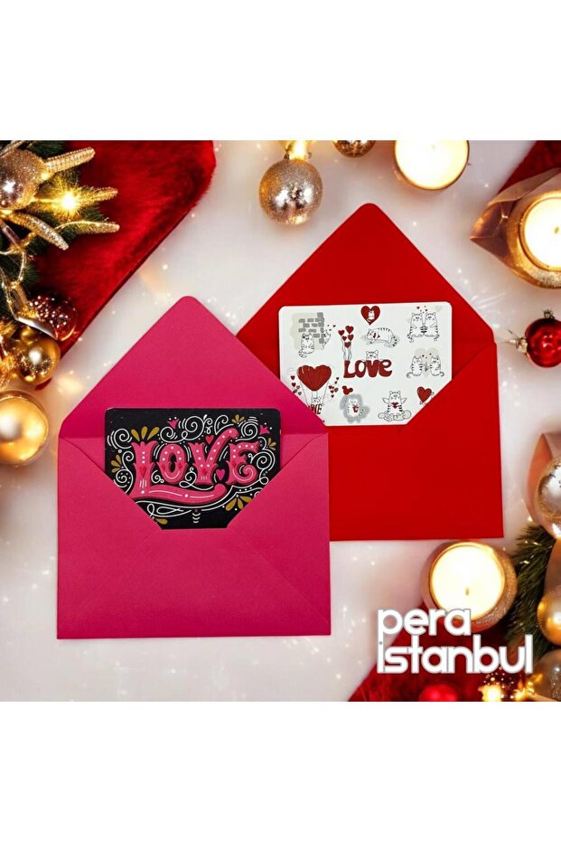 Gift Note Card Set with Colorful Love Text Pattern - 2 Envelopes, 1 Cat