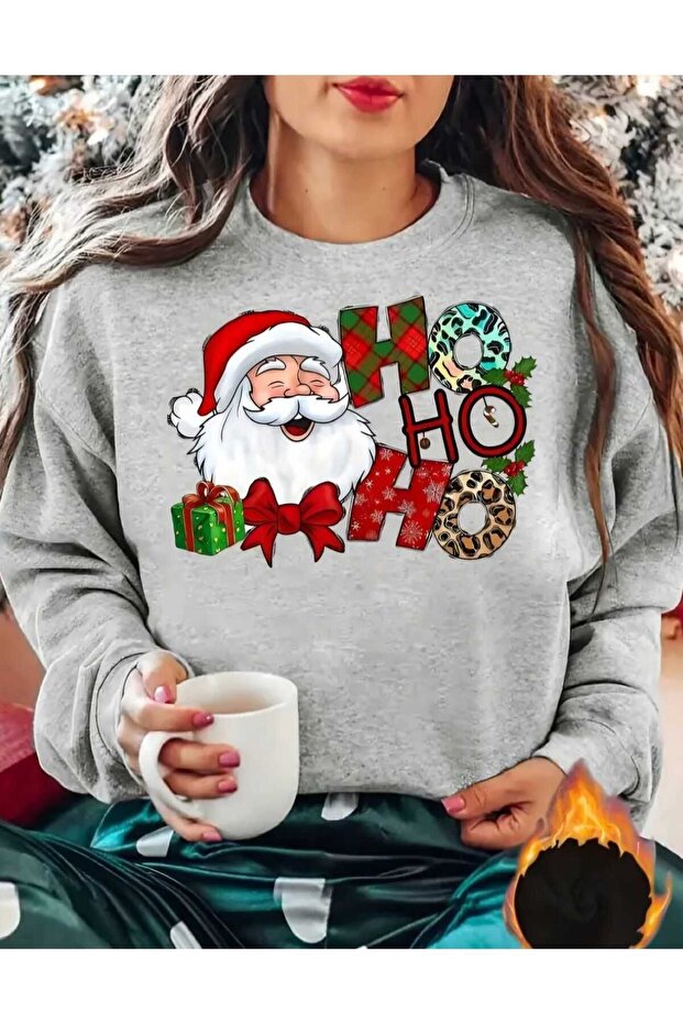 Women's Christmas Themed Hohoho Printed Crew Neck White Gray Black Oversize Sweatshirt