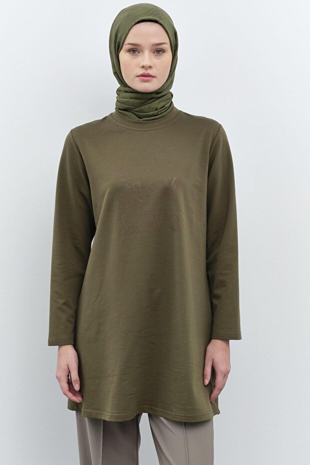 Baskı Desenli Örme Sweat - Haki - 3