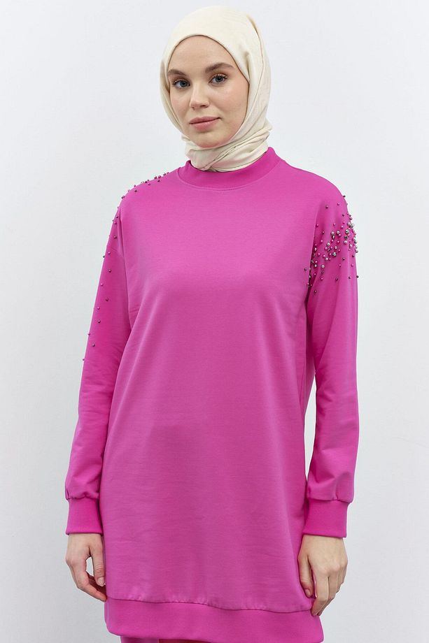 Kollar Taş Detaylı Tunik Pantolon Takım - Fuşya - 4