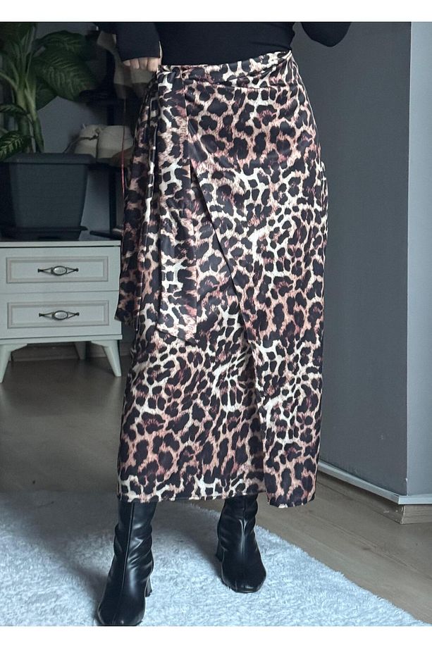 Leopar Desenli Anvelop Etek -Camel - 3