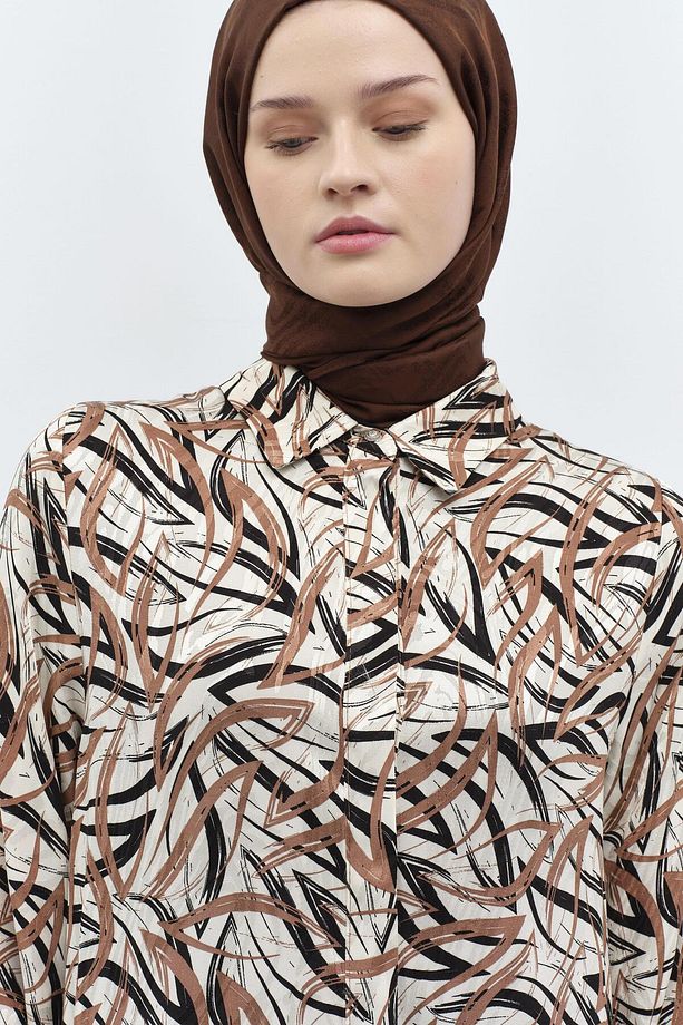 Garnili Manşet Desenli Jakar Tunik - Kahve - 5