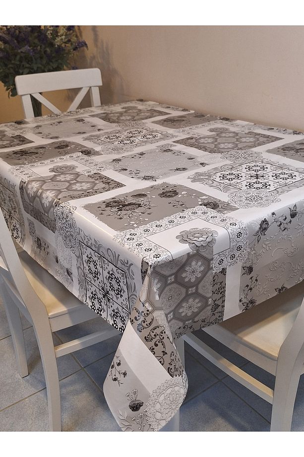 Elyaflı Pvc Muşamba - Desenli Silinebilir Masa Örtüsü ( GRİ ) - 5