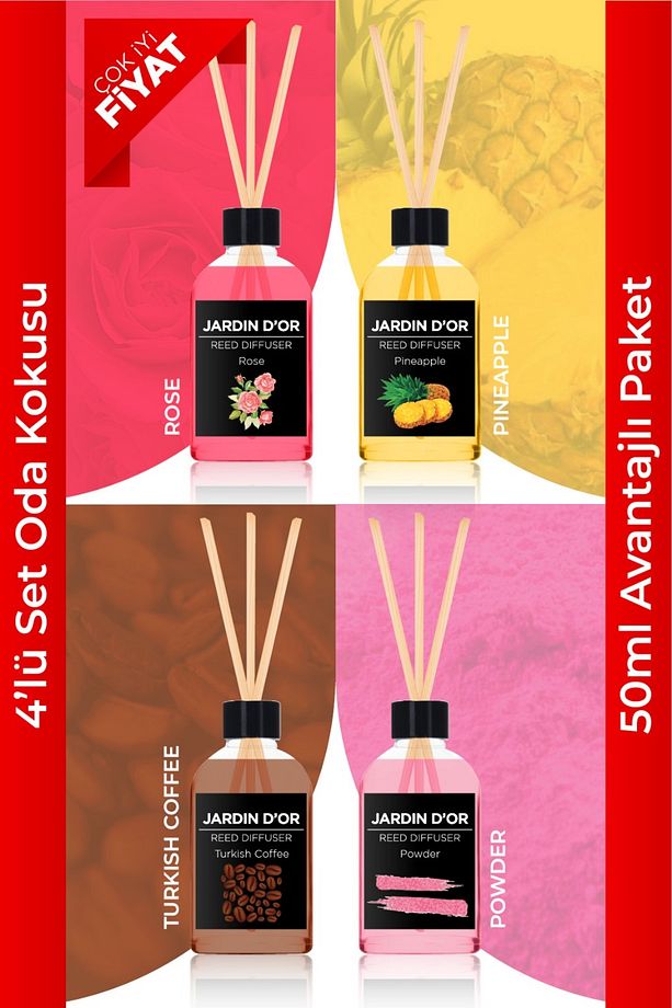 4'lü Çubuklu Oda Kokusu Seti - Avantajlı Paket (GÜL-KAHVE-PUDRA-ANANAS) Reed Dıffuser - 1