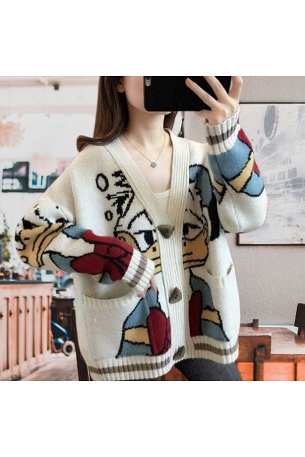 Donald Duck temalı v yakalı çoban düğmeli oversize hırka - 3
