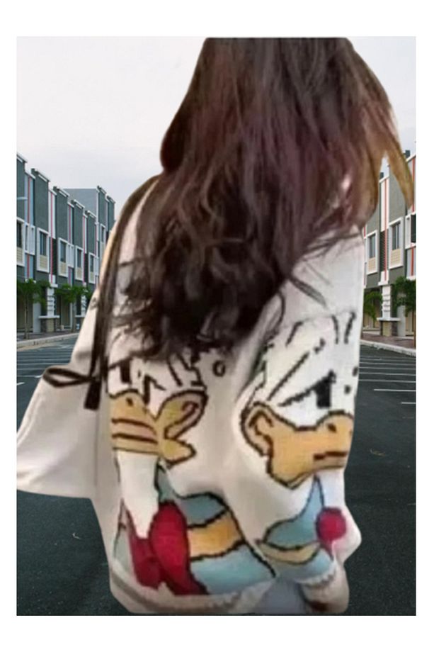 Donald Duck temalı v yakalı çoban düğmeli oversize hırka - 8