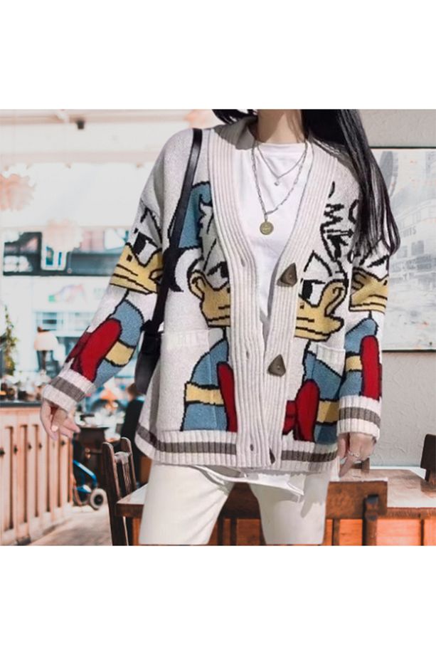Donald Duck temalı v yakalı çoban düğmeli oversize hırka - 7