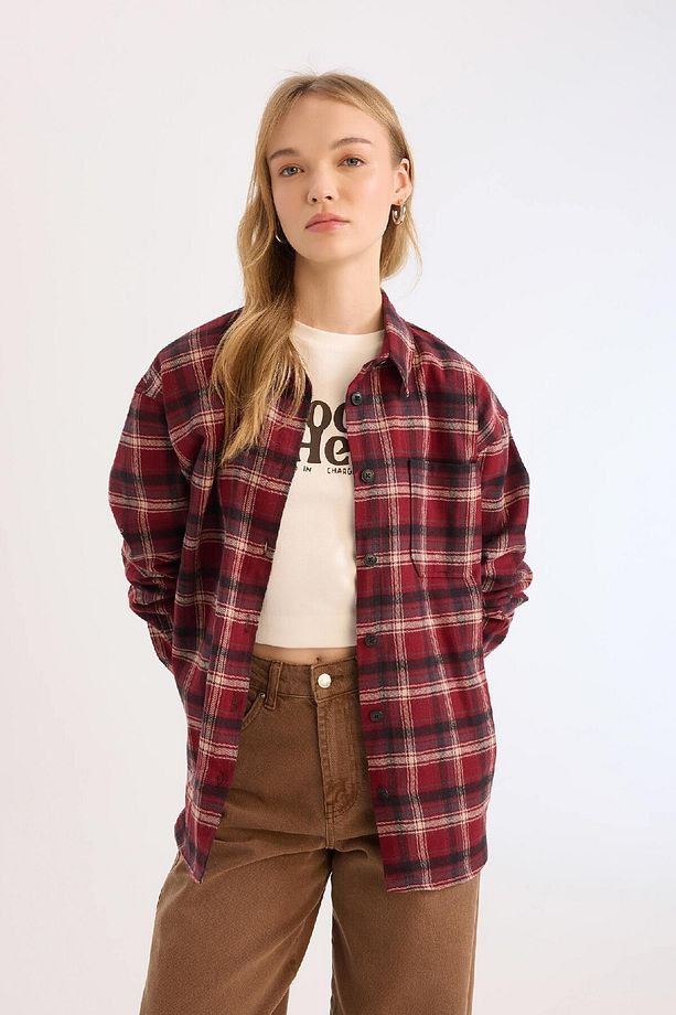 Coool Oversize Geniş Kalıp Kareli Flanel Uzun Kollu Oduncu Ceket Gömlek D5309AX24AU - 4