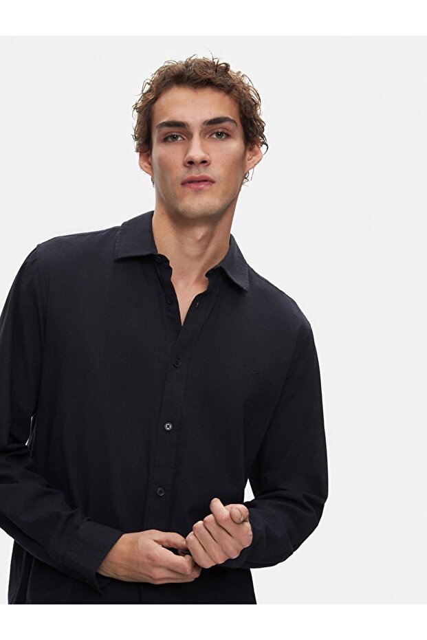 Basıc Keten Görünümlü Regular Uzun Kollu Siyah Gömlek - 5