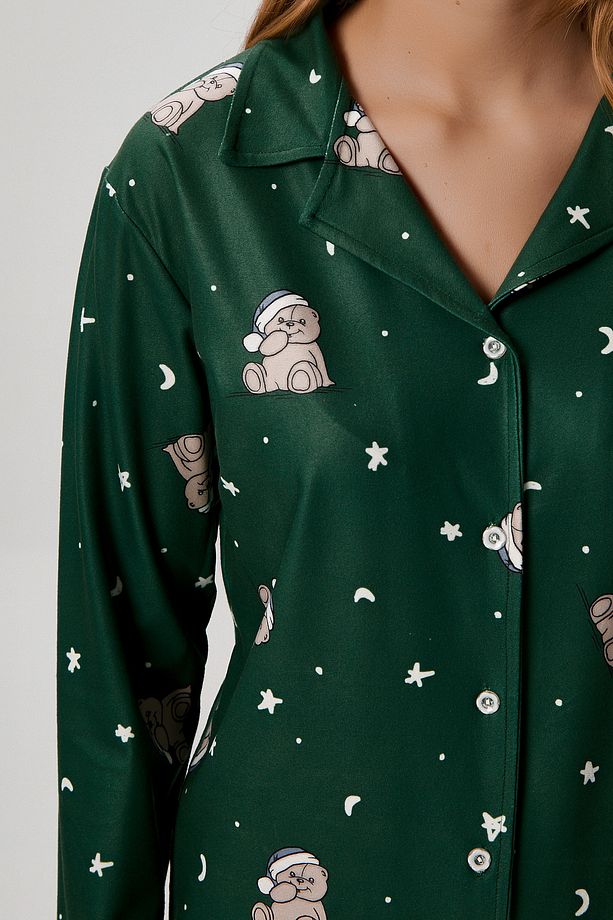 Kadın Nora Premium Yeşil Ayıcık Süet Doku Düğmeli Yılbaşı Pijama Takımı - 5