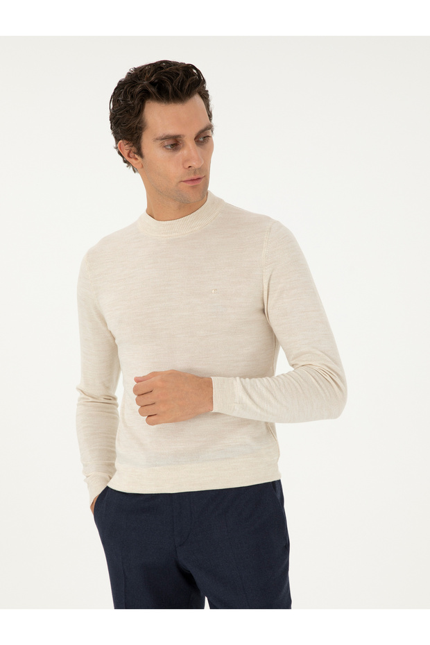 Bej Slim Fit Yün Karışımlı Çeyrek Balıkçı Yaka Basic Triko Kazak 50296402-VR011 - 1