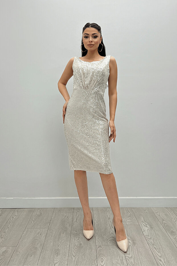 Sequin Fabric Gather Detailed Thick Strap Dress - BEIGE