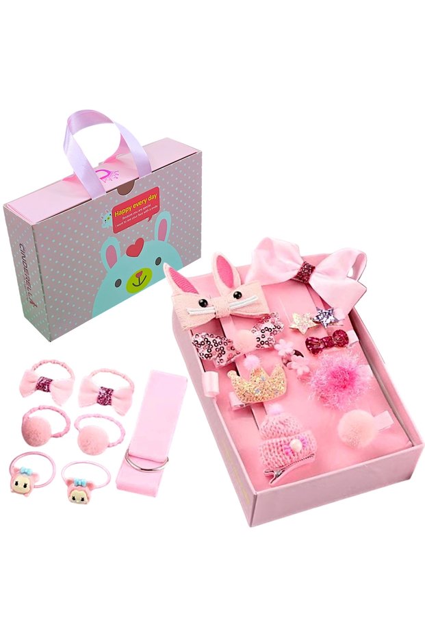 18-Piece Gift Bag Boxed Baby Hair Clip Set Pink - Girls' Crown Bow Snap Rubber Hair Clips