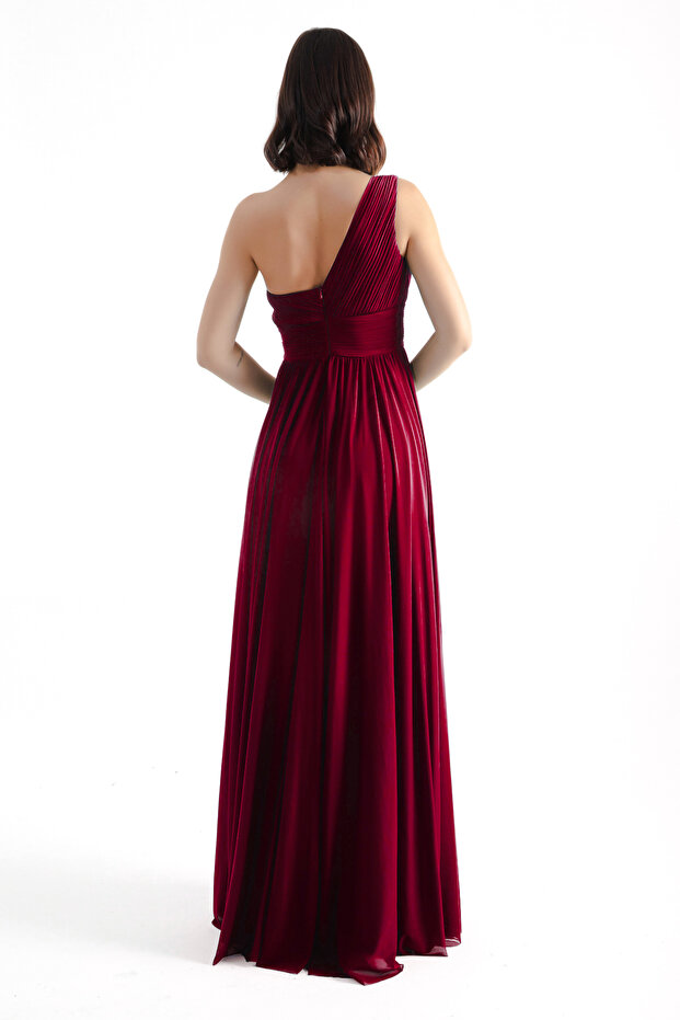 Rochie de seară lungă de damă bordeaux cu un umăr - 5