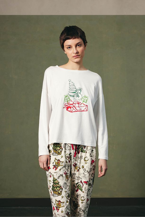 Kadın Pamuklu Uzun Kollu Pijama Üstü - 1
