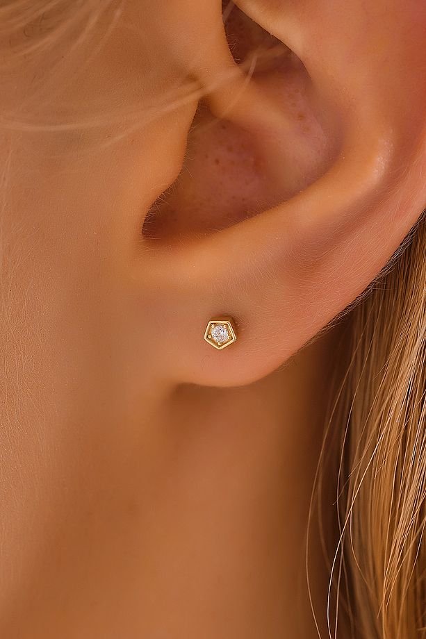 14 Ayar Altın Tragus Küpe Geometrik Tektaş Vidalı - 1