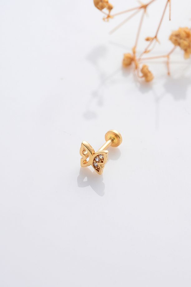 14 Ayar Altın Tragus Küpe Kelebek Vidalı - 3