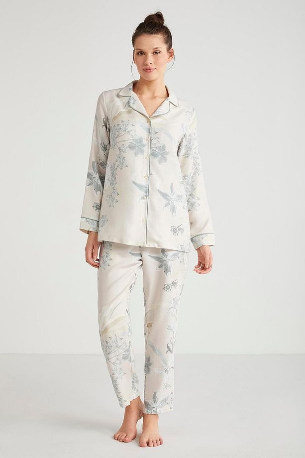 Kadın Uzun Kol Önden Düğmeli Bej Pijama Takım C6T1N6O2 - 2