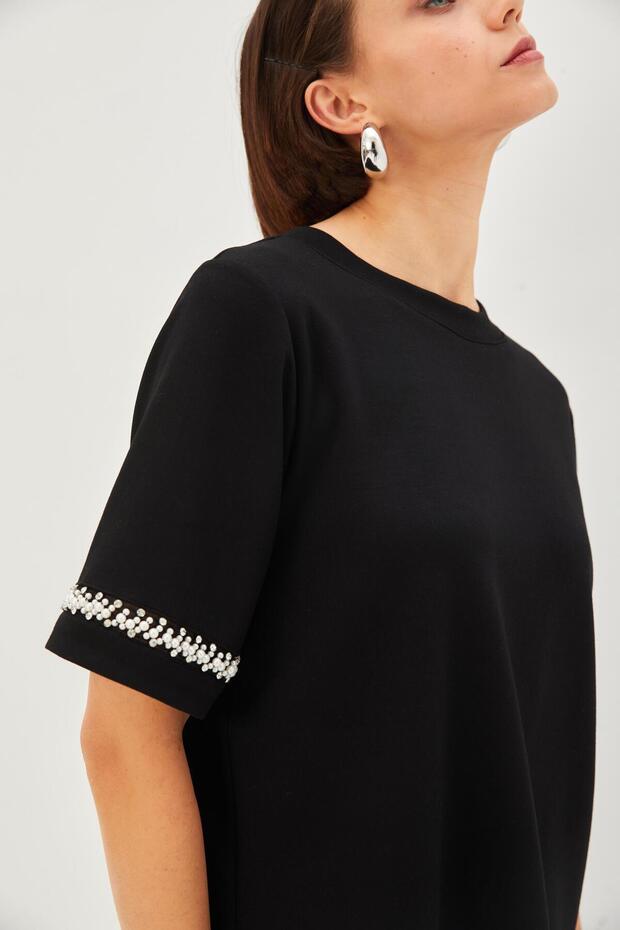 Bisiklet Yaka Taş İşlemeli Regular Örme Tişört - 2