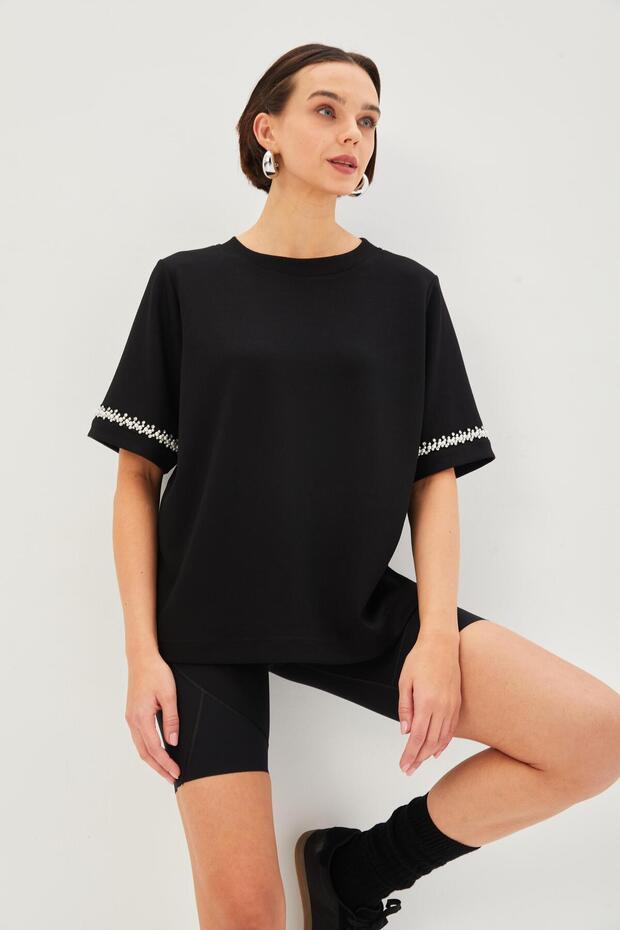 Bisiklet Yaka Taş İşlemeli Regular Örme Tişört - 3