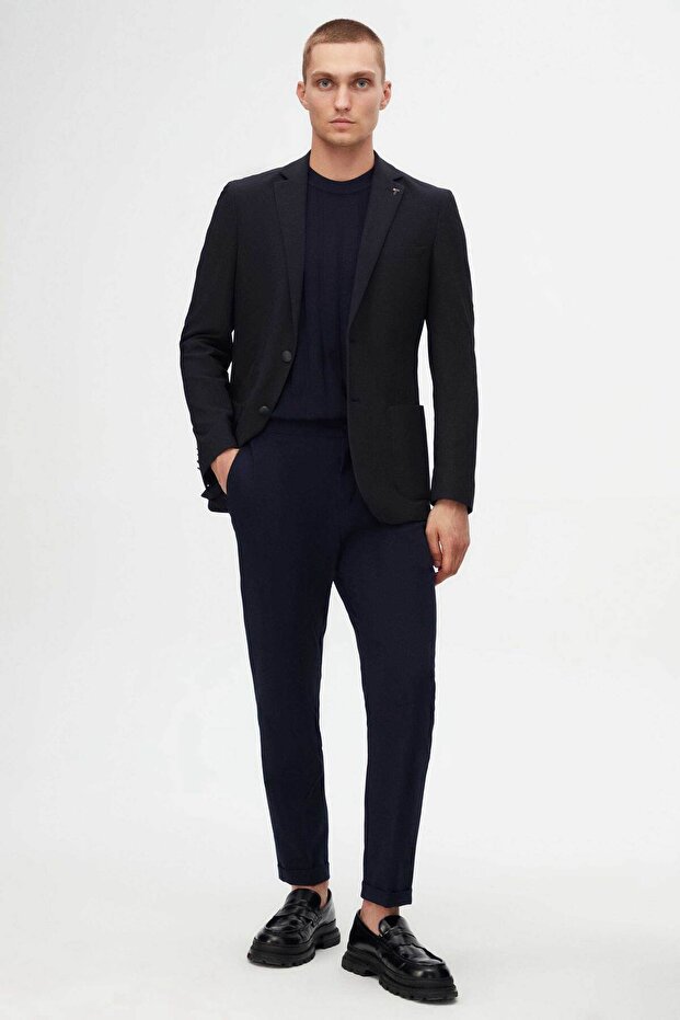 Slim Fit Lacivert Örme Kumaş Ceket - 4