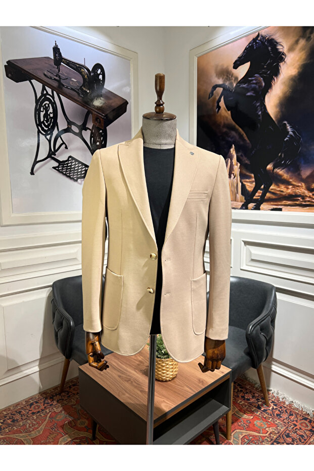 Slim Fit Gümülcine Krem Örme Torba Cep Ceket - 4