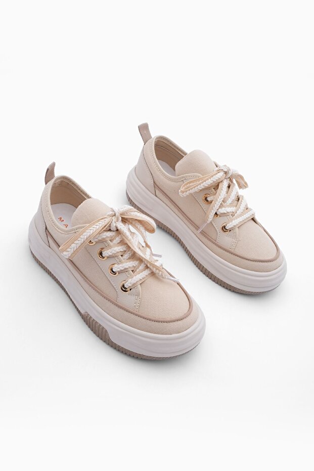 Damen Sneakers mit hoher Sohle aus Leinenstoff, Schnürschuhe, Sportschuhe, Hesna, Beige - 5