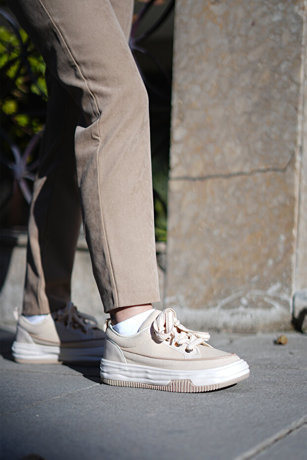 Damen Sneakers mit hoher Sohle aus Leinenstoff, Schnürschuhe, Sportschuhe, Hesna, Beige - 2