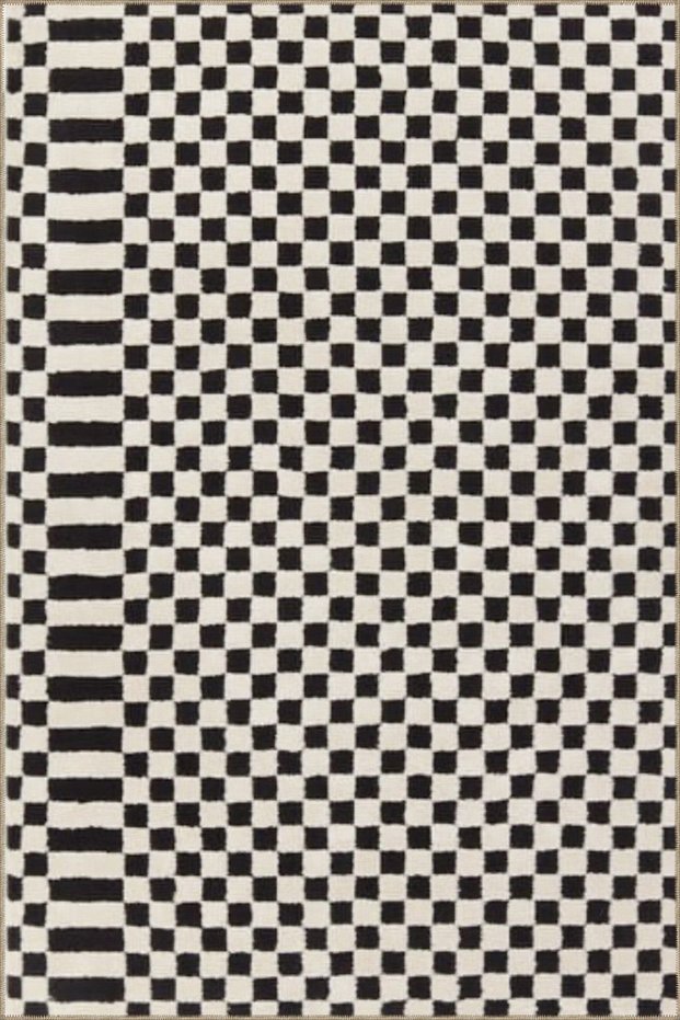 Black and White Checkered Geometric Woven Base Washable Carpet Miravip9052
