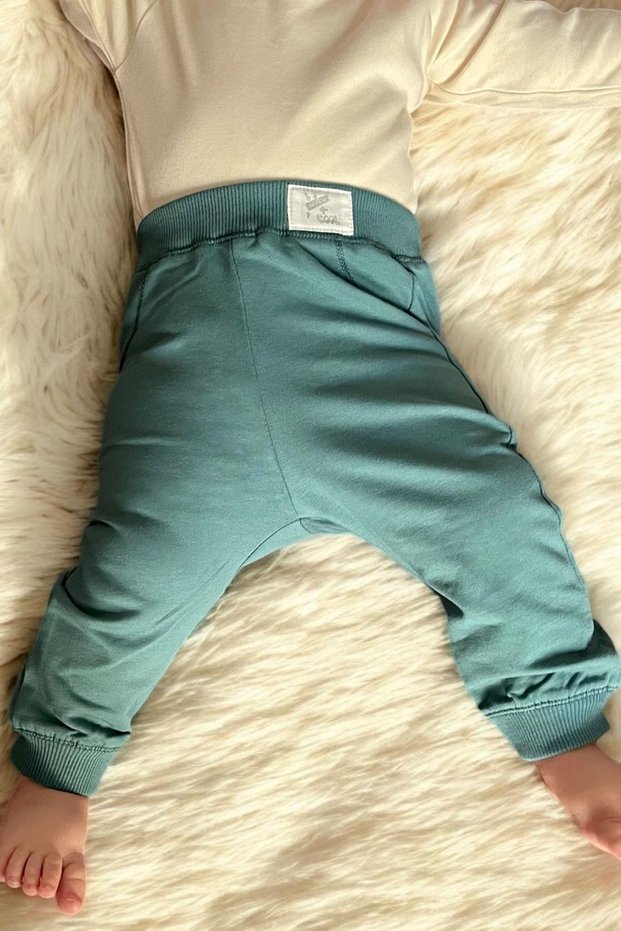 Boy's Bottom with Embroidered Waistband and Karyoka Stitching, Ages 1-4, Petrol Green