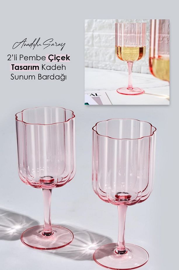 2 Adet Pembe Çiçek Şekilli Kadeh Kahve Sunum ve  Kokteyl Bardağı Kahve Yanı Su Bardağı - 1