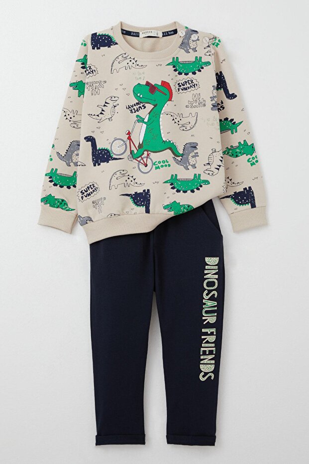 Baby Boy Tracksuit Set with Dinosaur Print, 9 Months-3 Years, Beige